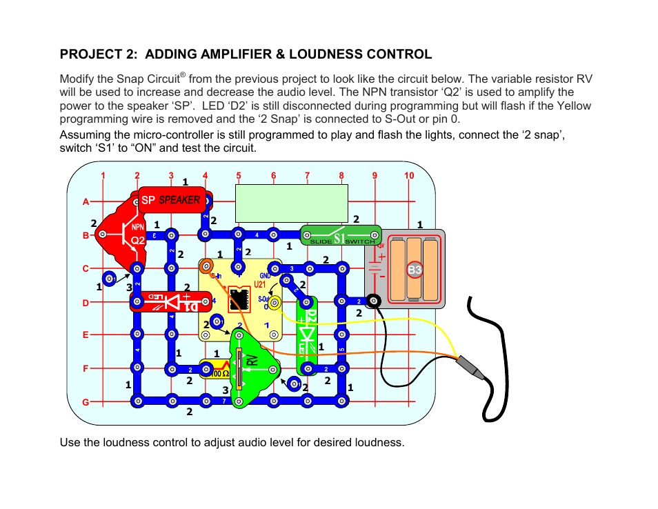 Project 2: adding amplifier & loudness control | Elenco Snap Circuits SnapMicro I Deluxe ® User Manual | Page 25 / 86