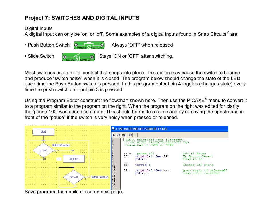 Project 7: switches and digital inputs | Elenco Snap Circuits SnapMicro I Deluxe ® User Manual | Page 38 / 86