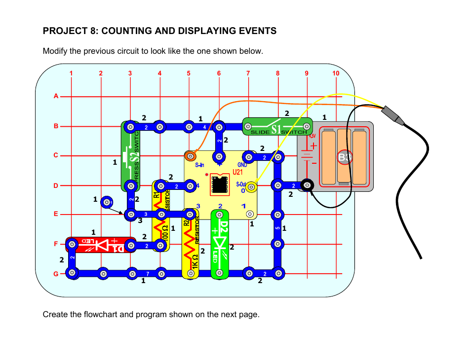 Project 8: counting and displaying events | Elenco Snap Circuits SnapMicro I Deluxe ® User Manual | Page 40 / 86