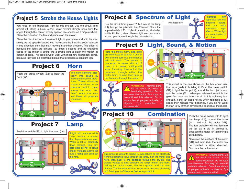Project 6 horn project 7 lamp, Project 9 light, sound, & motion, Project 5 strobe the house lights | Project 8 spectrum of light project 10 combination | Elenco Snap Circuits Flying Saucer Plus User Manual | Page 2 / 4