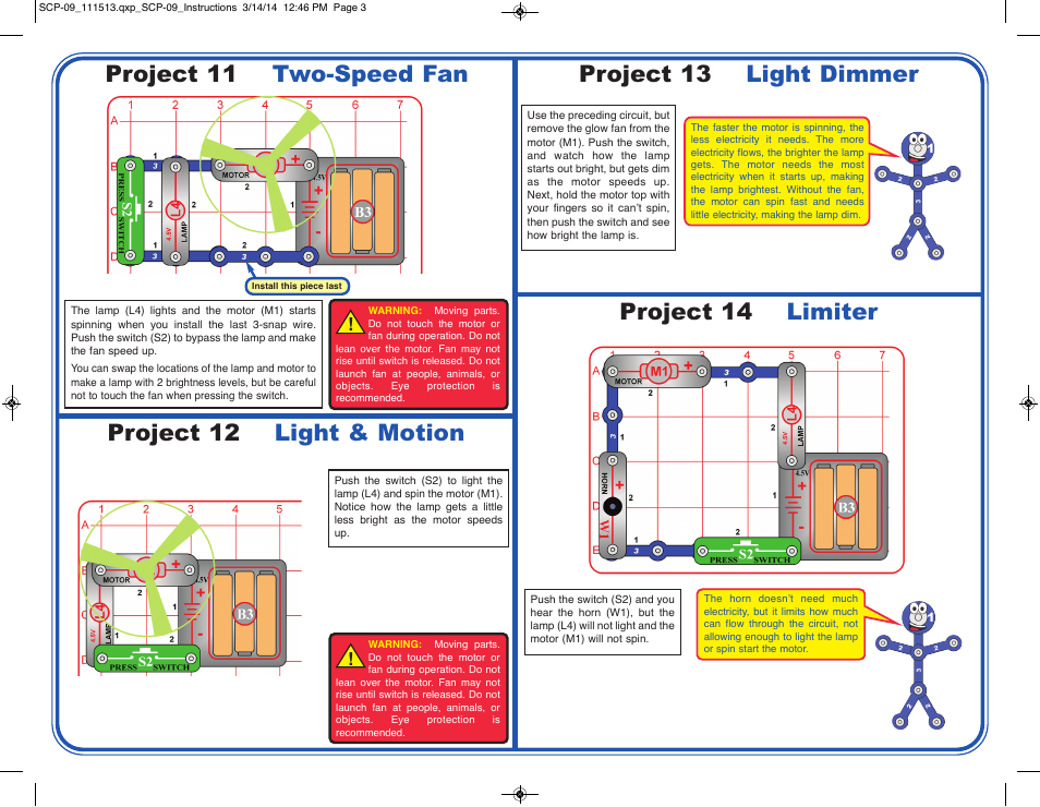 Project 12 light & motion project 13 light dimmer, Project 14 limiter, Project 11 two-speed fan | Elenco Snap Circuits Flying Saucer Plus User Manual | Page 3 / 4