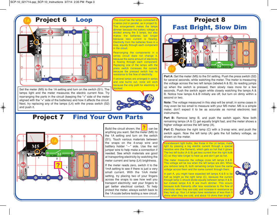 Project 8 fast bright, slow dim, Project 7 find your own parts, Project 6 loop | 1a 5v | Elenco Basic Electricity User Manual | Page 3 / 4