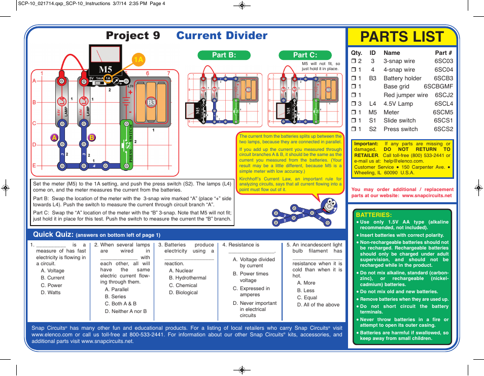 Parts list, Project 9 current divider, Quick quiz | Part b: part c | Elenco Basic Electricity User Manual | Page 4 / 4