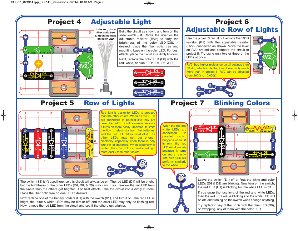 Project 7 blinking colors, Project 4 adjustable light, Project 5 row of lights | Project 6 adjustable row of lights | Elenco LED Fun User Manual | Page 2 / 4
