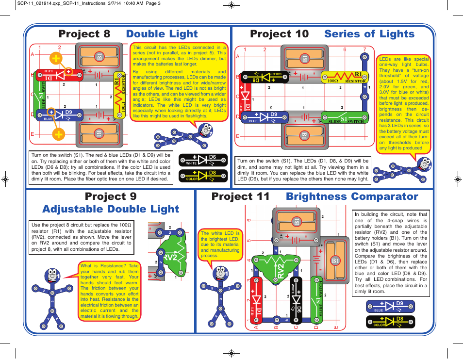 Project 8 double light project 10 series of lights, Project 9 adjustable double light, Project 11 brightness comparator | Elenco LED Fun User Manual | Page 3 / 4