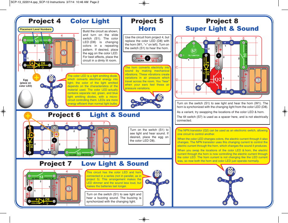 Project 8 super light & sound project 5 horn, Project 4 color light | Elenco Motion Detector User Manual | Page 2 / 4