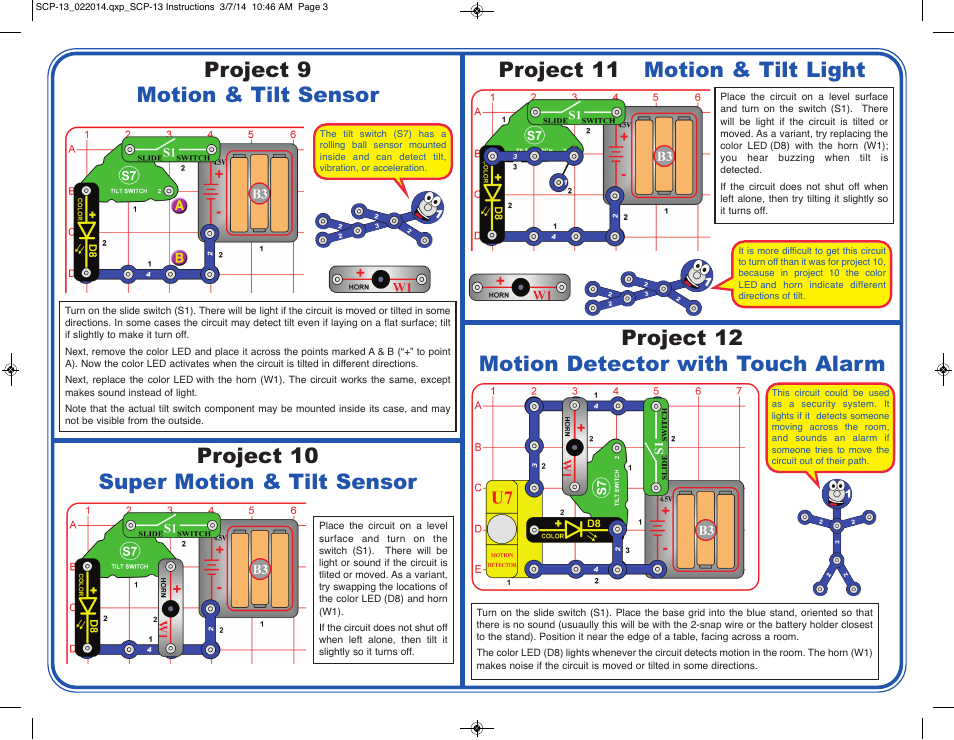 Project 9 motion & tilt sensor, Project 11 motion & tilt light, Project 10 super motion & tilt sensor | Project 12 motion detector with touch alarm | Elenco Motion Detector User Manual | Page 3 / 4