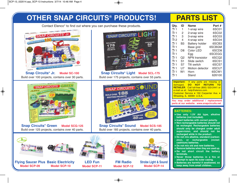 Other snap circuits, Products! parts list | Elenco Motion Detector User Manual | Page 4 / 4