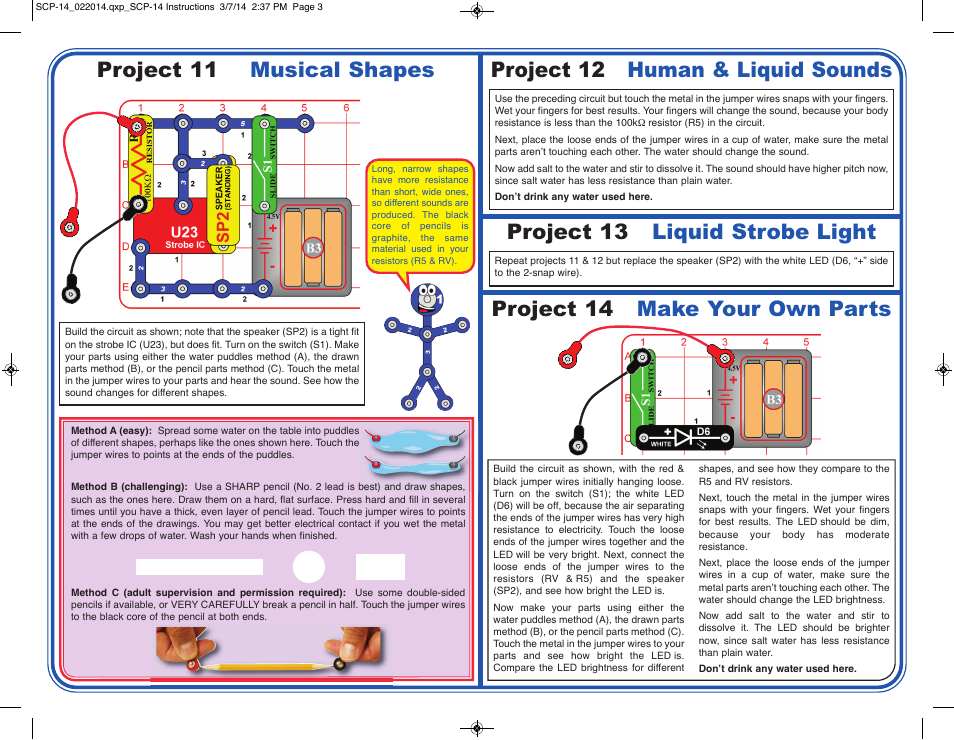 Project 11 musical shapes, Project 12 human & liquid sounds, Project 13 liquid strobe light | Project 14 make your own parts | Elenco Strobe Light and Sound User Manual | Page 3 / 4