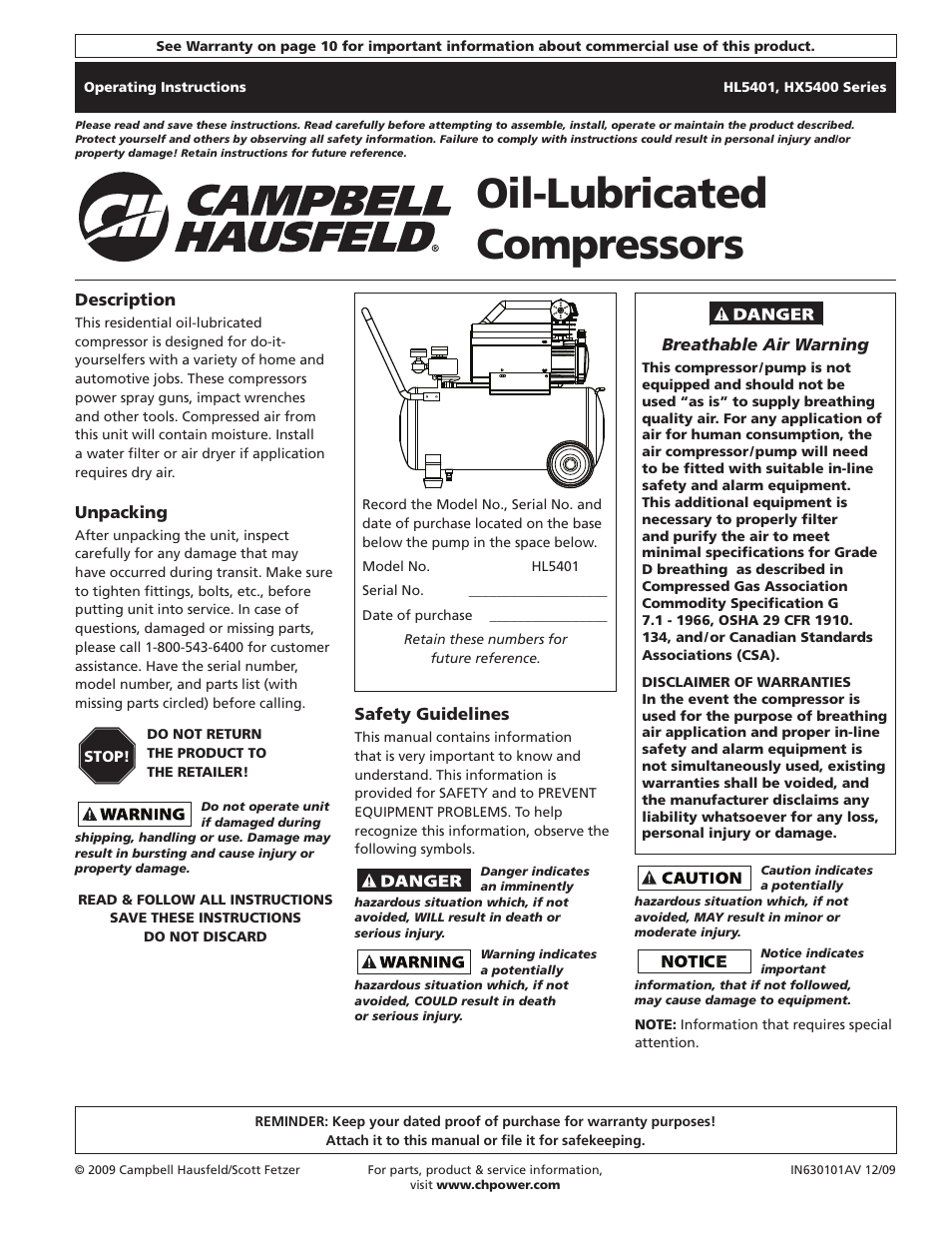 Campbell Hausfeld HL5401 Series User Manual | 32 pages