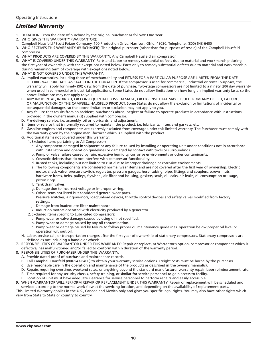 Limited warranty | Campbell Hausfeld HL5401 Series User Manual | Page 10 / 32