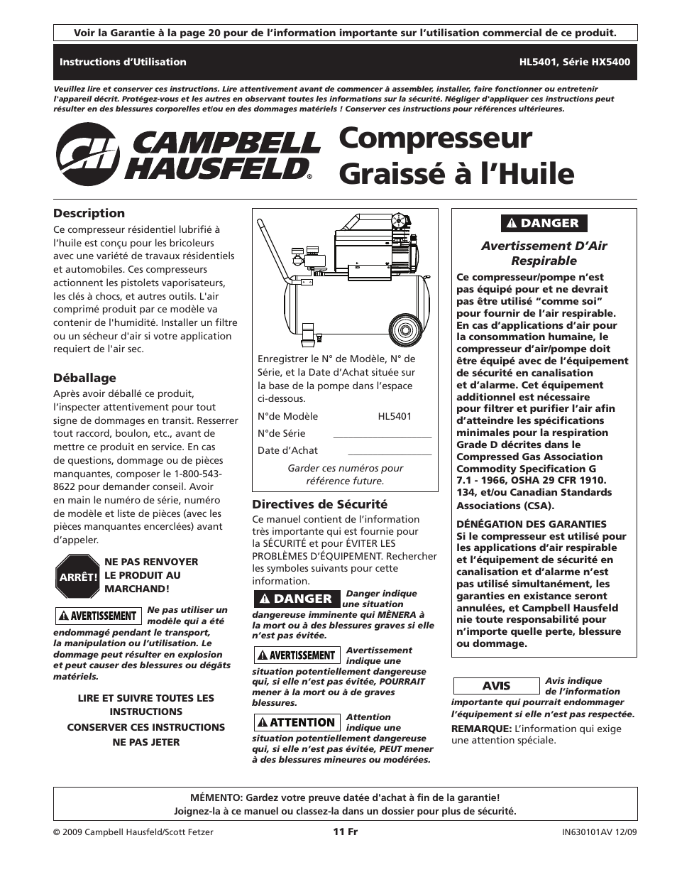 Compresseur graissé à l’huile | Campbell Hausfeld HL5401 Series User Manual | Page 11 / 32