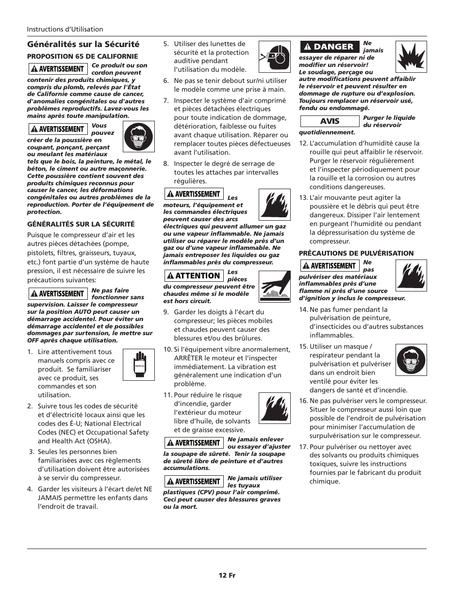 Généralités sur la sécurité | Campbell Hausfeld HL5401 Series User Manual | Page 12 / 32