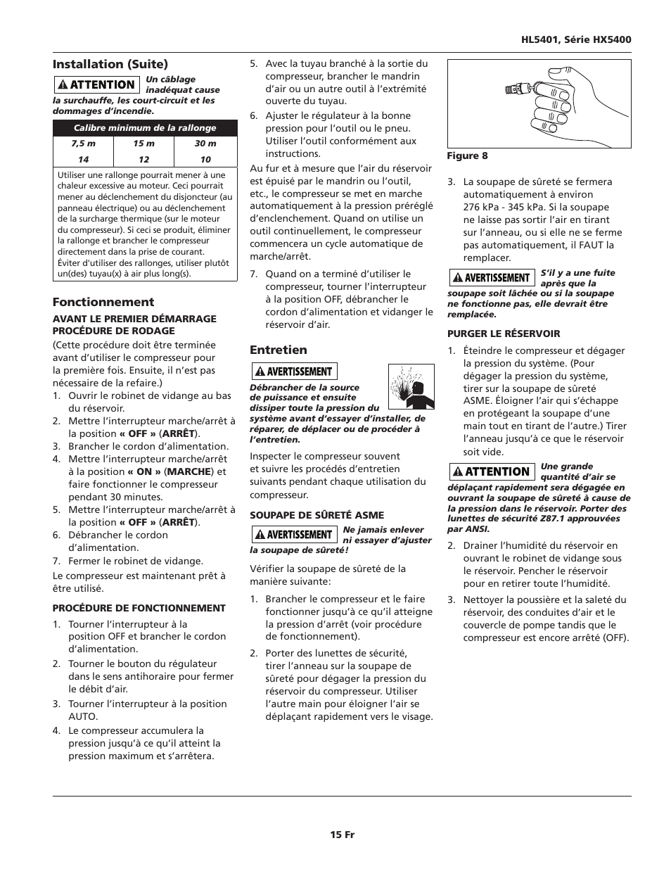 Installation (suite), Fonctionnement, Entretien | Campbell Hausfeld HL5401 Series User Manual | Page 15 / 32