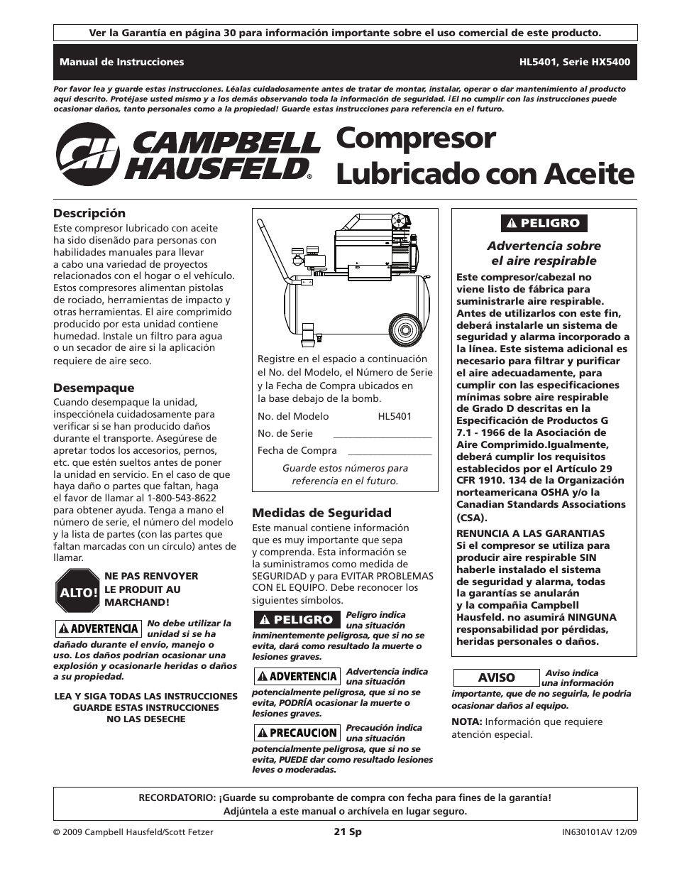 Compresor lubricado con aceite, Alto | Campbell Hausfeld HL5401 Series User Manual | Page 21 / 32