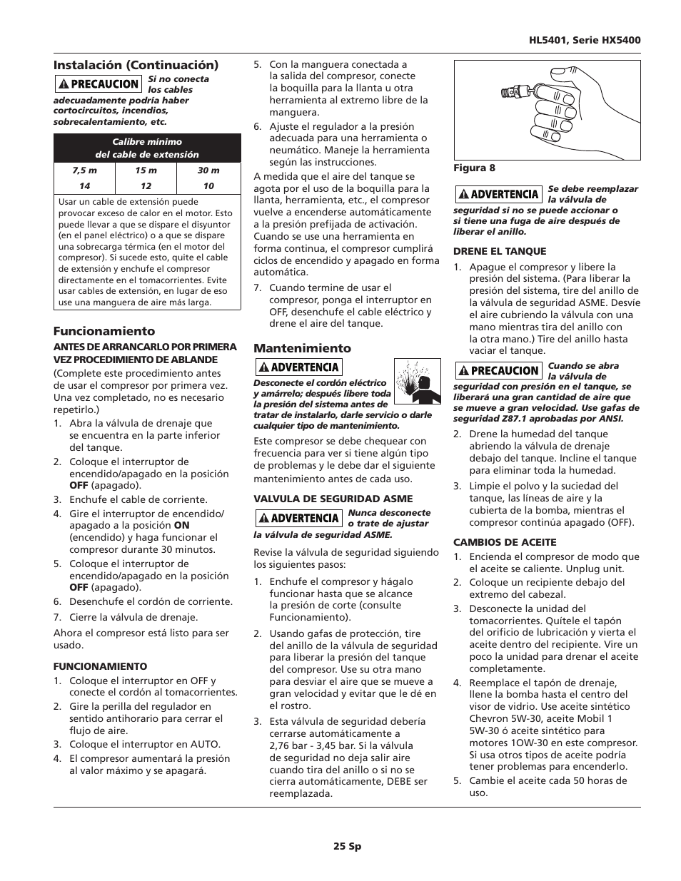 Instalación (continuación), Funcionamiento, Mantenimiento | Campbell Hausfeld HL5401 Series User Manual | Page 25 / 32