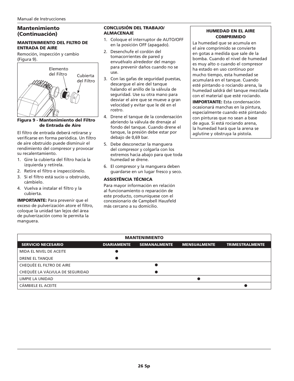 Mantenimiento (continuación) | Campbell Hausfeld HL5401 Series User Manual | Page 26 / 32