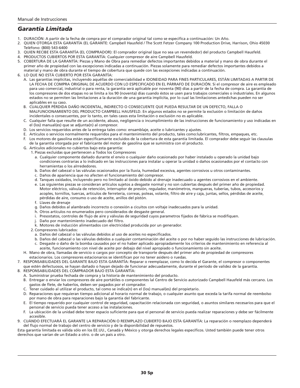 Garantía limitada | Campbell Hausfeld HL5401 Series User Manual | Page 30 / 32