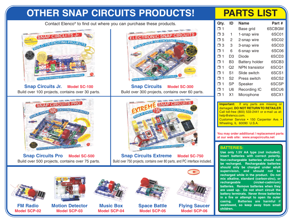 Other snap circuits products, Parts list | Elenco Snap Circuits Musical Recorder ® User Manual | Page 2 / 2