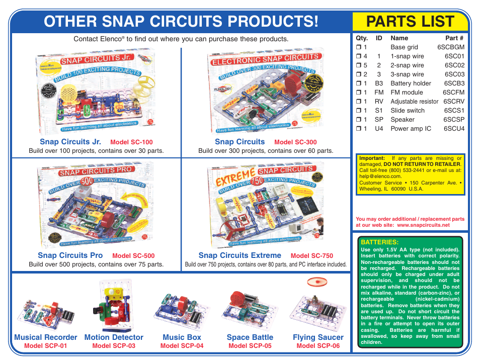 Other snap circuits products, Parts list | Elenco Snap Circuits FM Radio ® User Manual | Page 2 / 2