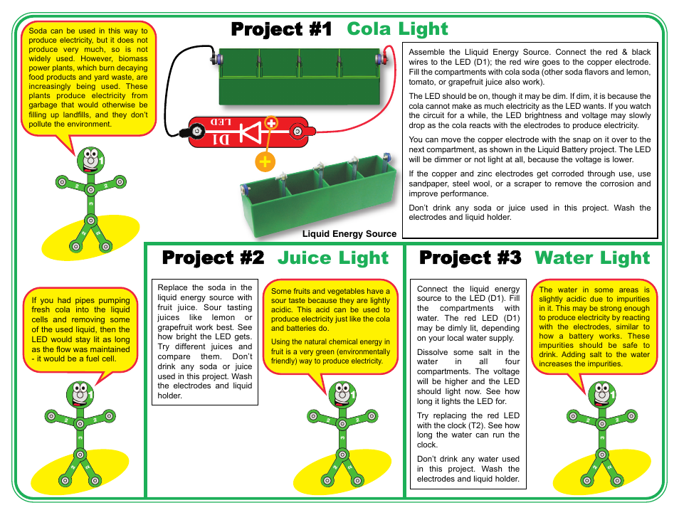 Project #2 juice light project #1 cola light, Project #3 water light | Elenco Snap Circuits Water Clock ® User Manual | Page 2 / 4