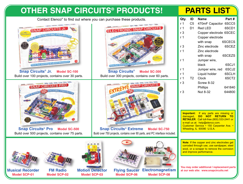 Other snap circuits, Products, Parts list | Elenco Snap Circuits Water Clock ® User Manual | Page 4 / 4