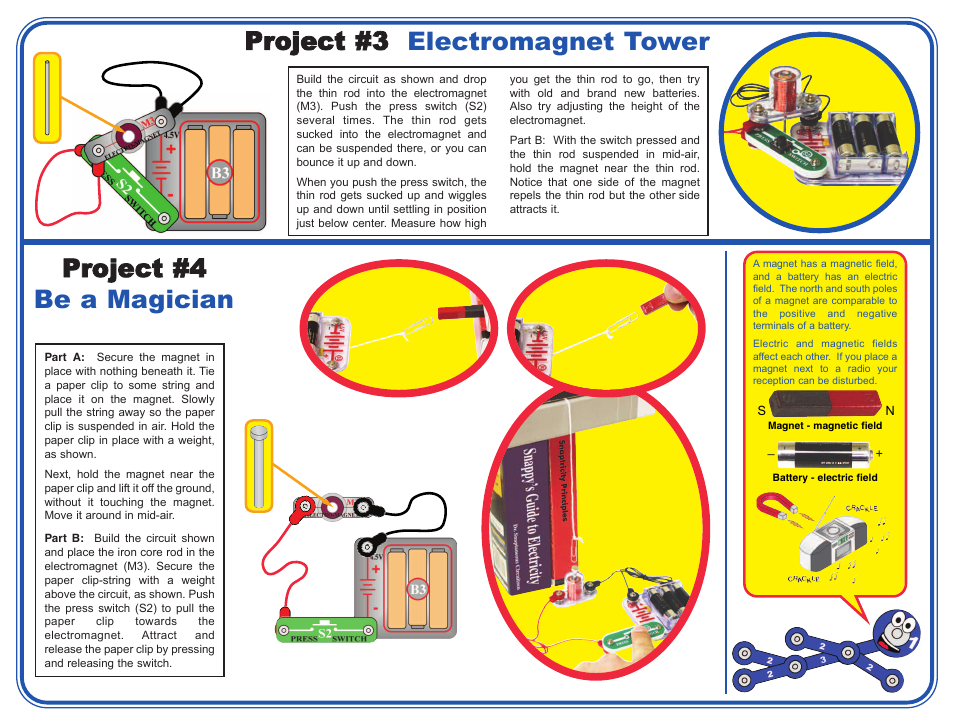 Project #4 be a magician, Project #3 electromagnet tower | Elenco Snap Circuits Electromagnetism ® User Manual | Page 3 / 4