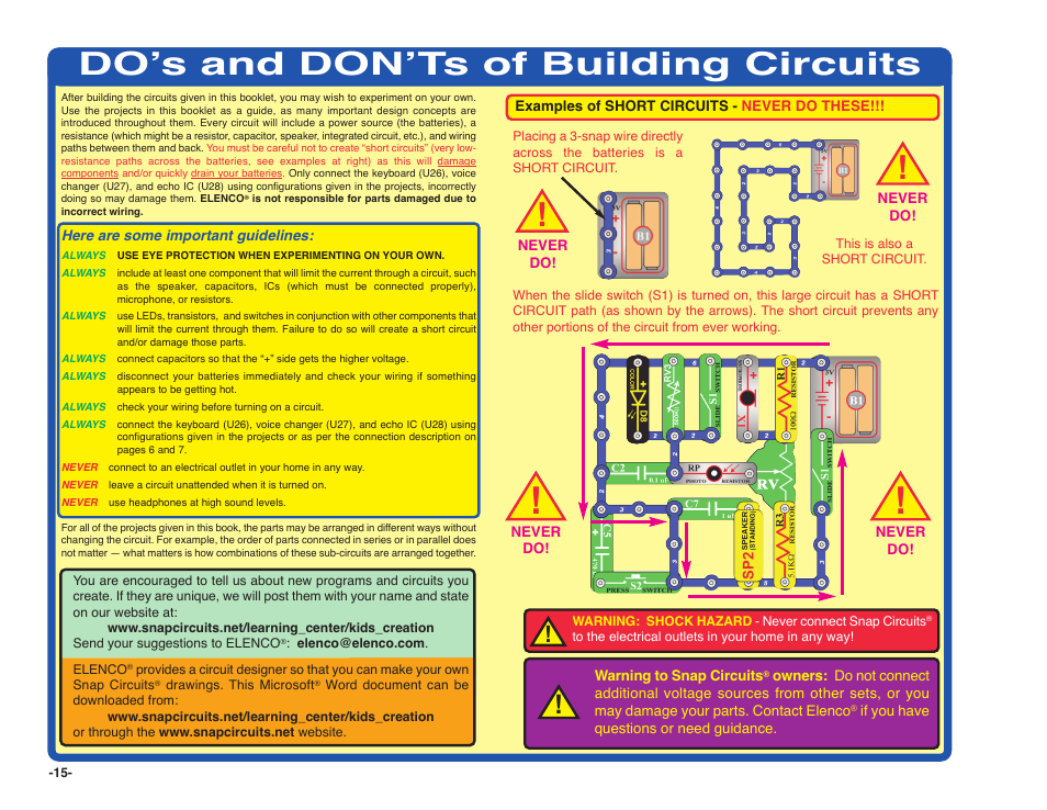 Do’s and don’ts of building circuits | Elenco Snap Circuits SOUND ® User Manual | Page 16 / 88