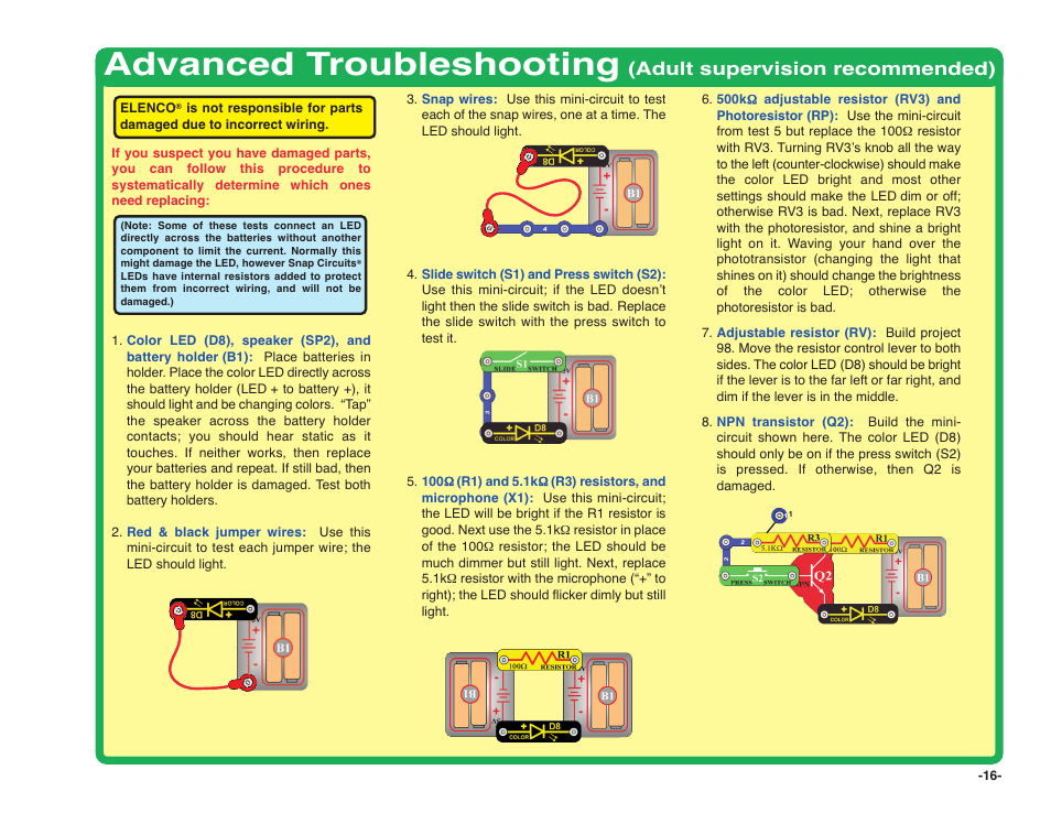Advanced troubleshooting, Adult supervision recommended) | Elenco Snap Circuits SOUND ® User Manual | Page 17 / 88