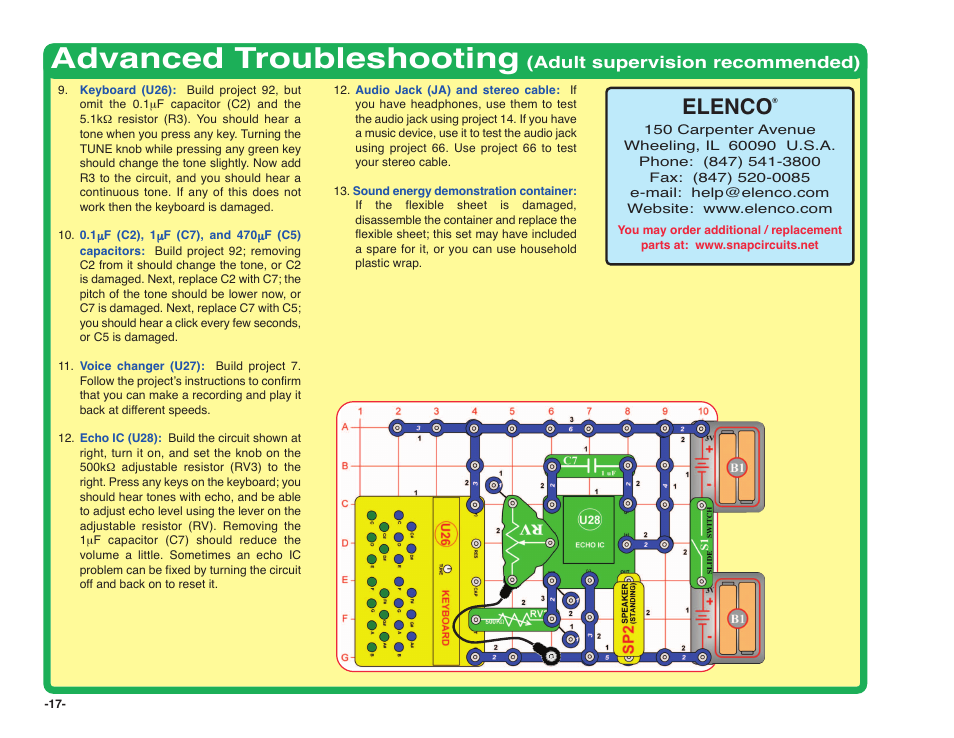 Advanced troubleshooting, Elenco, Adult supervision recommended) | Elenco Snap Circuits SOUND ® User Manual | Page 18 / 88