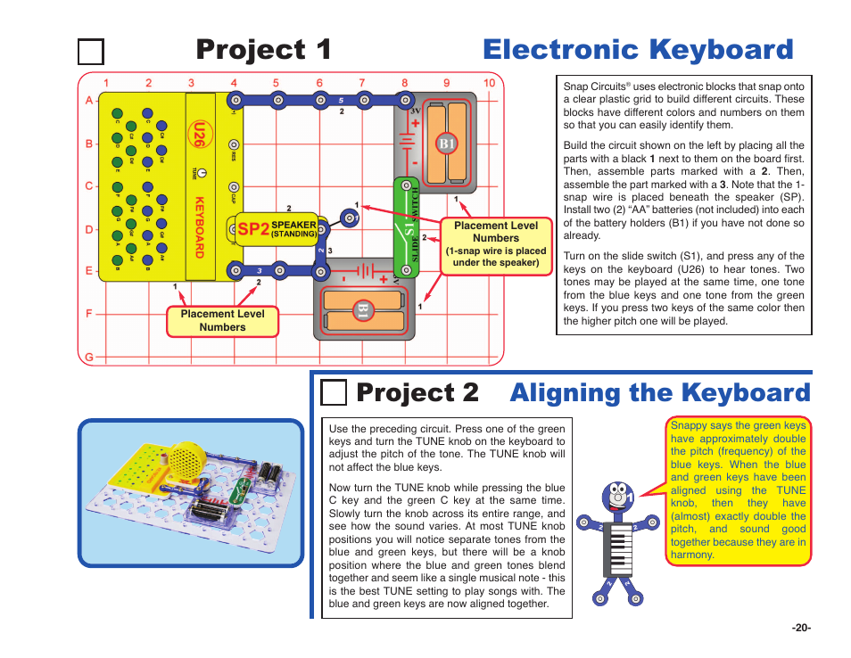 Project 1 electronic keyboard, Project 2 aligning the keyboard | Elenco Snap Circuits SOUND ® User Manual | Page 21 / 88