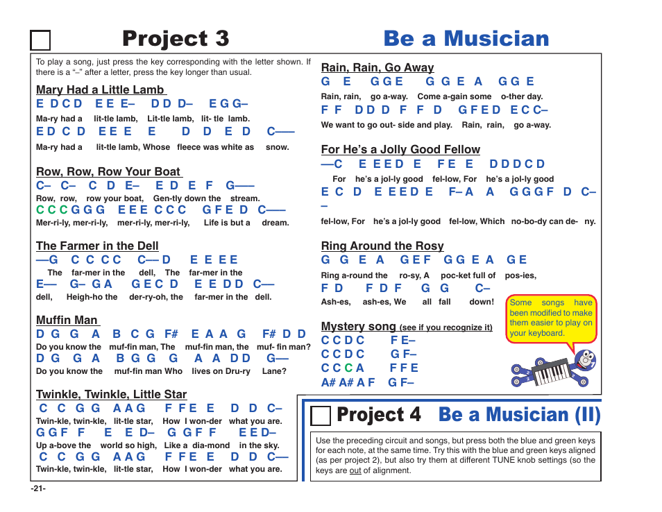 Project 3 be a musician, Project 4 be a musician (ii) | Elenco Snap Circuits SOUND ® User Manual | Page 22 / 88