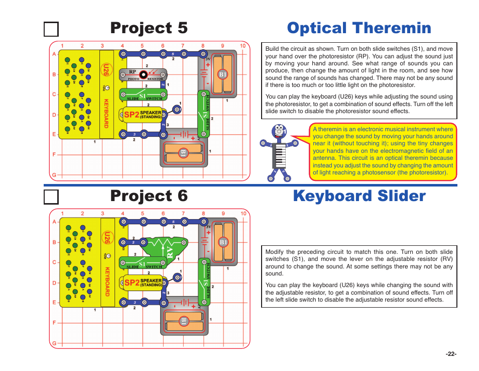 Project 5 optical theremin, Project 6 keyboard slider | Elenco Snap Circuits SOUND ® User Manual | Page 23 / 88