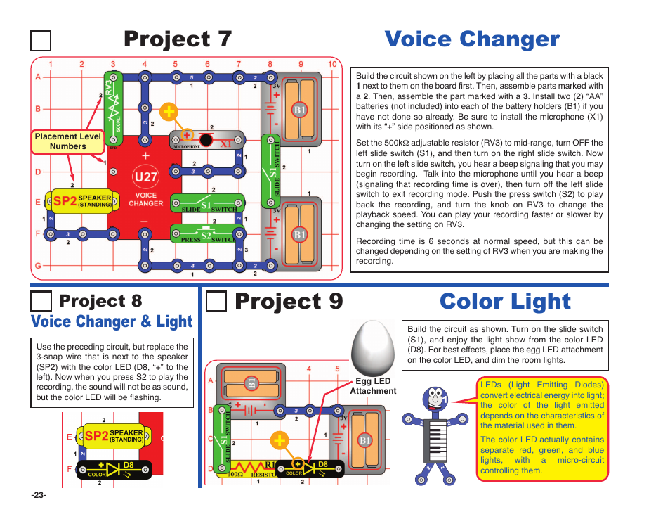 Project 7 voice changer, Project 9 color light, Project 8 voice changer & light | Elenco Snap Circuits SOUND ® User Manual | Page 24 / 88