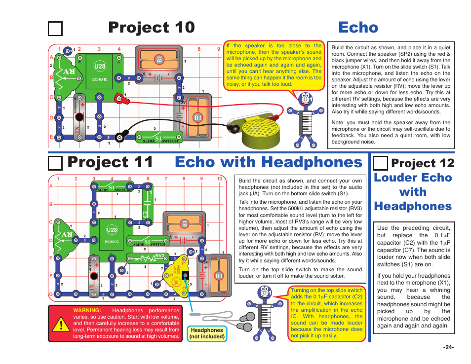 Project 10 echo project 11 echo with headphones, Project 12 louder echo with headphones | Elenco Snap Circuits SOUND ® User Manual | Page 25 / 88