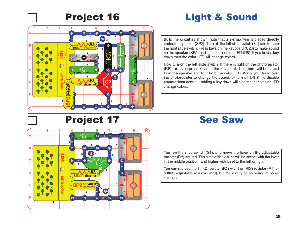 Project 16 light & sound project 17 see saw | Elenco Snap Circuits SOUND ® User Manual | Page 29 / 88