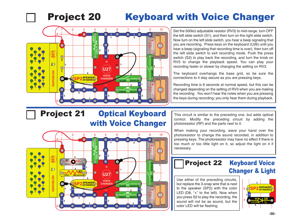 Project 20 keyboard with voice changer, Project 21 optical keyboard with voice changer | Elenco Snap Circuits SOUND ® User Manual | Page 31 / 88