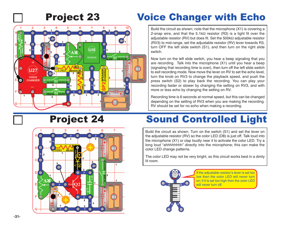 Project 24 sound controlled light, Project 23 voice changer with echo | Elenco Snap Circuits SOUND ® User Manual | Page 32 / 88