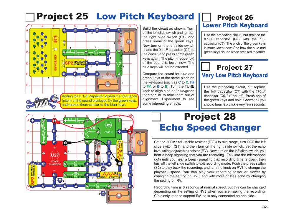 Project 25 low pitch keyboard, Project 28 echo speed changer, Project 26 lower pitch keyboard | Project 27 very low pitch keyboard | Elenco Snap Circuits SOUND ® User Manual | Page 33 / 88