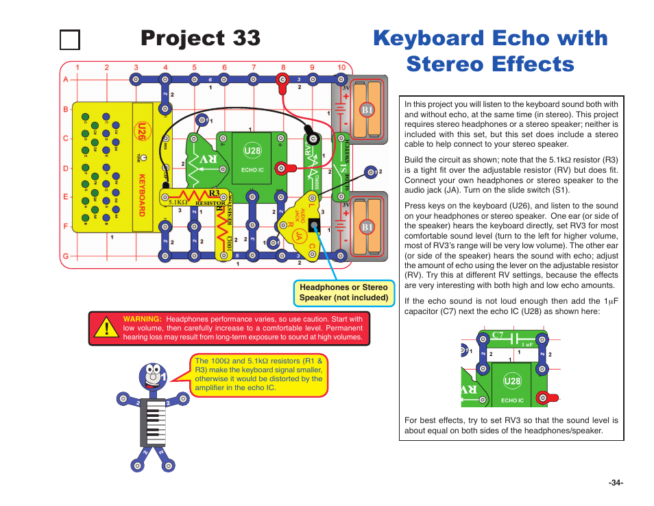 Project 33, Keyboard echo with stereo effects | Elenco Snap Circuits SOUND ® User Manual | Page 35 / 88