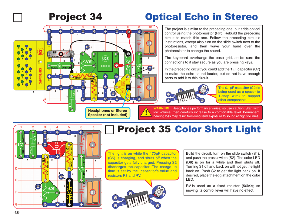 Project 34 optical echo in stereo, Project 35 color short light | Elenco Snap Circuits SOUND ® User Manual | Page 36 / 88