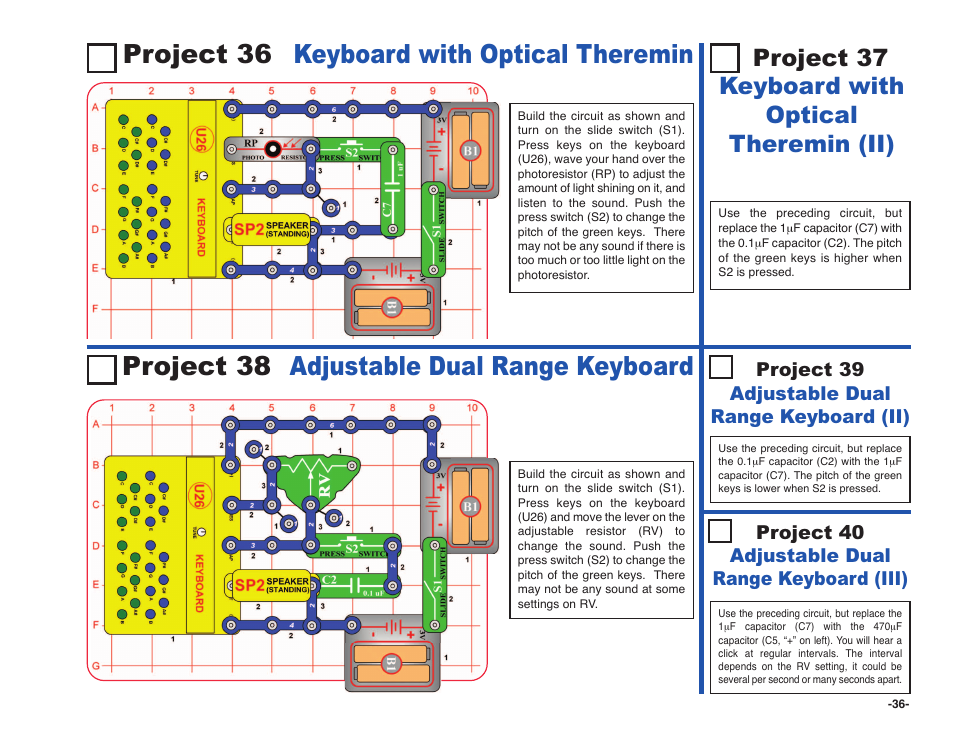 Project 36 keyboard with optical theremin, Project 38 adjustable dual range keyboard, Project 37 keyboard with optical theremin (ii) | Elenco Snap Circuits SOUND ® User Manual | Page 37 / 88