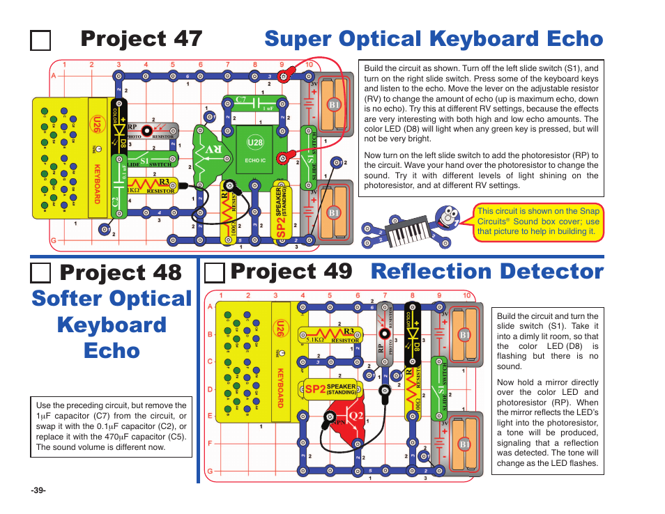 Project 49 reflection detector | Elenco Snap Circuits SOUND ® User Manual | Page 40 / 88