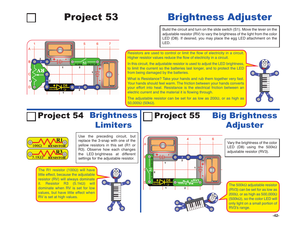 Project 53 brightness adjuster, Project 54 brightness limiters, Project 55 | Big brightness adjuster | Elenco Snap Circuits SOUND ® User Manual | Page 43 / 88