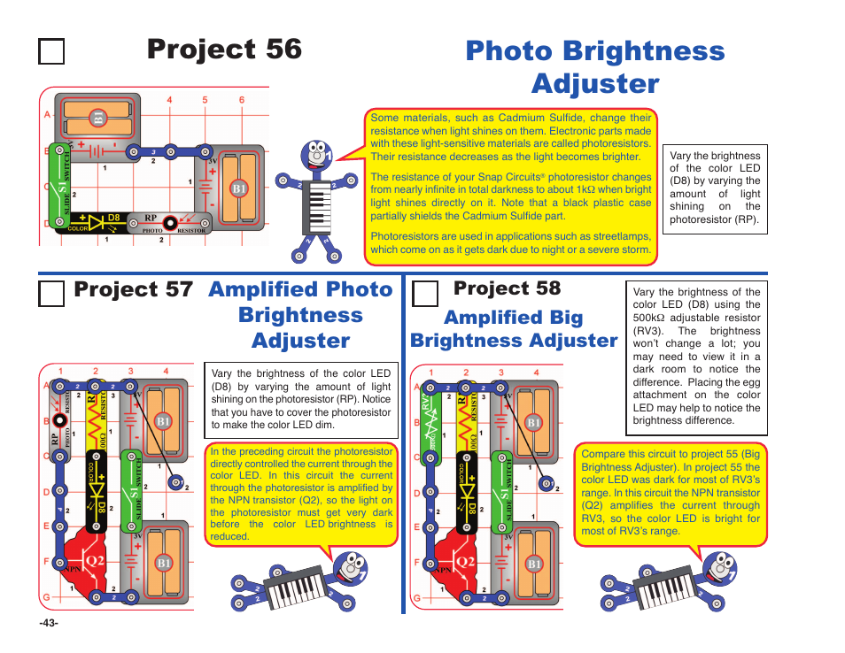 Photo brightness adjuster project 56, Amplified photo brightness adjuster project 57, Amplified big brightness adjuster project 58 | Elenco Snap Circuits SOUND ® User Manual | Page 44 / 88
