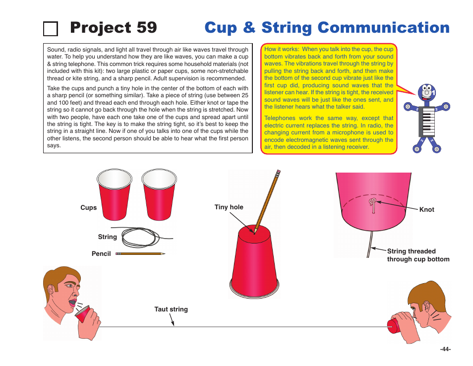 Project 59 cup & string communication | Elenco Snap Circuits SOUND ® User Manual | Page 45 / 88