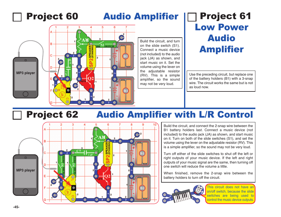 Project 60, Audio amplifier | Elenco Snap Circuits SOUND ® User Manual | Page 46 / 88