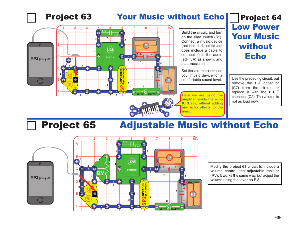 Project 65 adjustable music without echo, Project 63 your music without echo, Low power your music without echo | Project 64 | Elenco Snap Circuits SOUND ® User Manual | Page 47 / 88