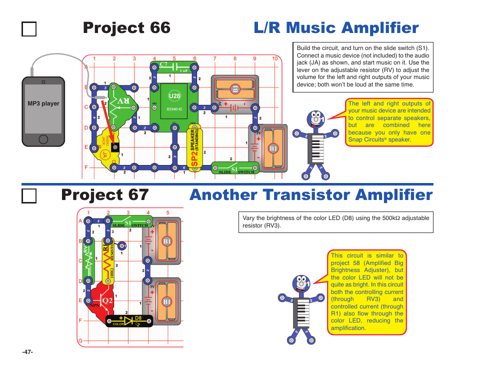 Project 66 l/r music amplifier, Project 67 another transistor amplifier | Elenco Snap Circuits SOUND ® User Manual | Page 48 / 88