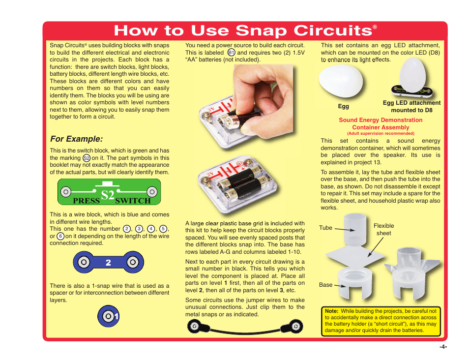How to use snap circuits, For example | Elenco Snap Circuits SOUND ® User Manual | Page 5 / 88